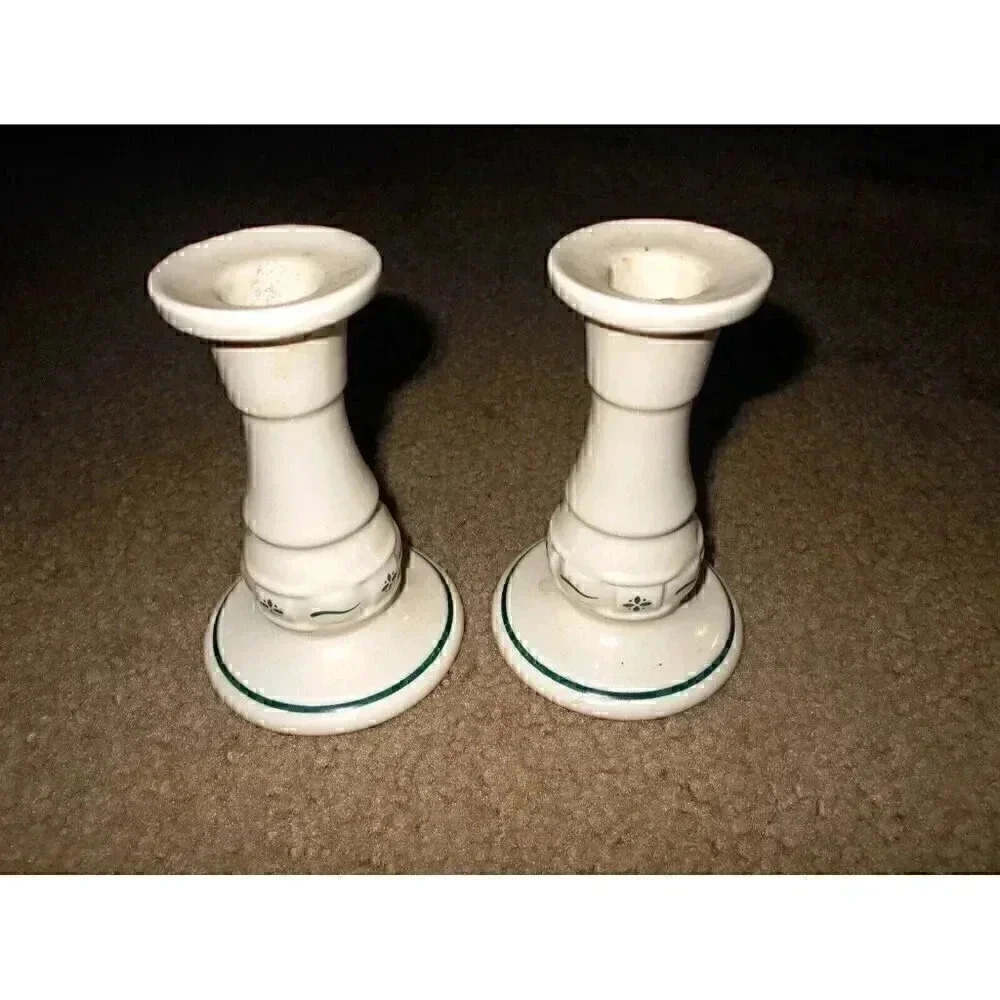 Vintage Longaberger Pottery Ceramic Candlesticks Set of 2 Woven Green Traditions